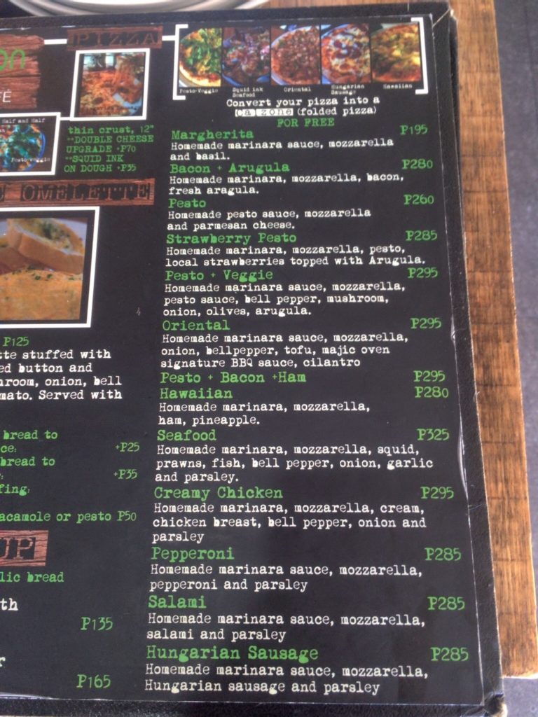 Italian restaurant menu in Baguio