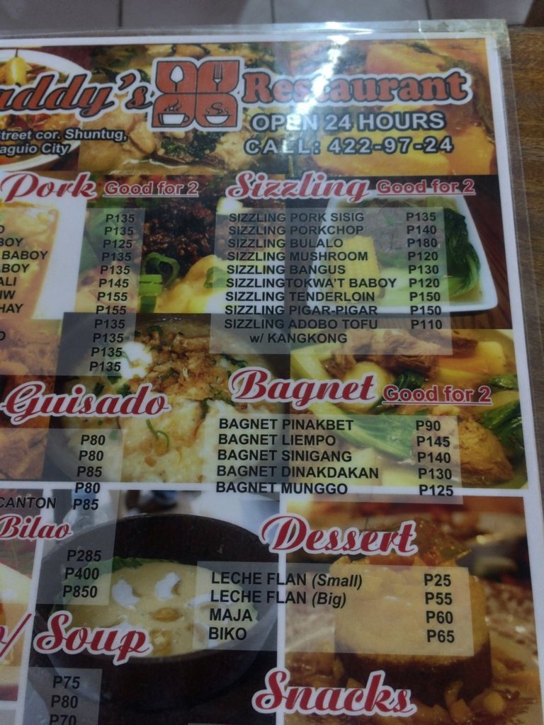 Daddy's Restaurant in Baguio philippines menu