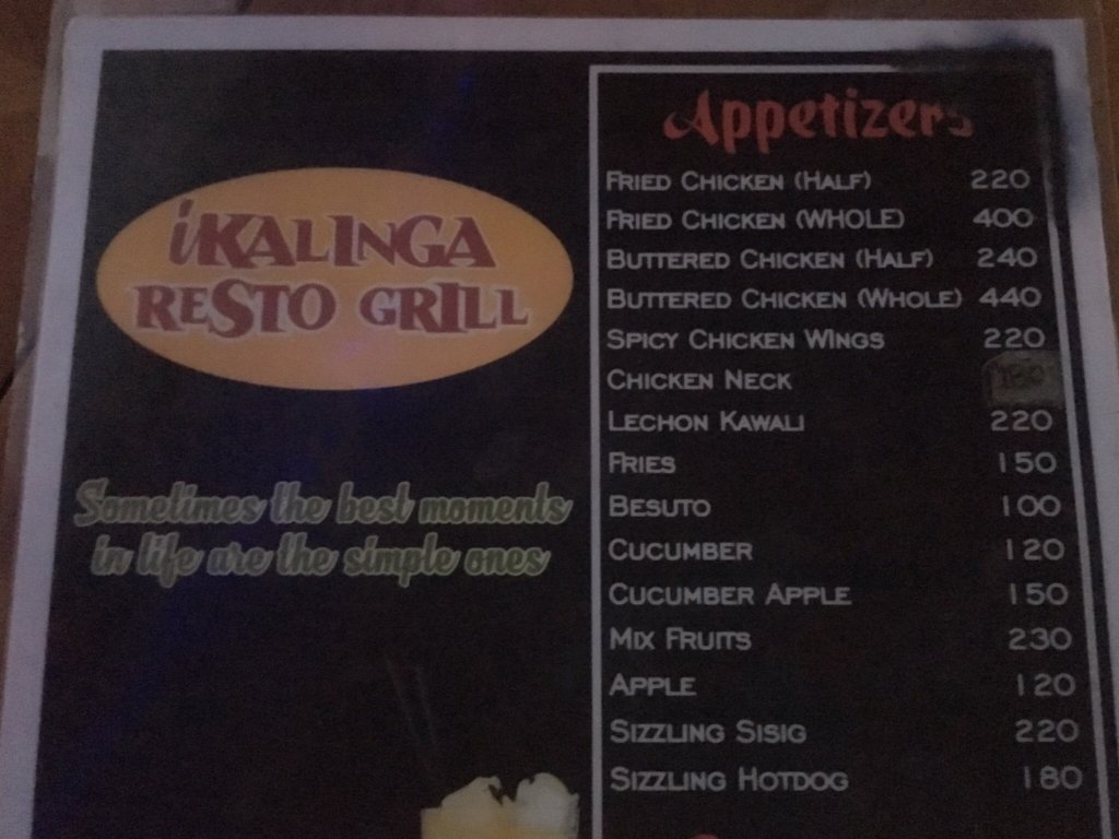 Kalinga resto grill in Baguio philippines menu