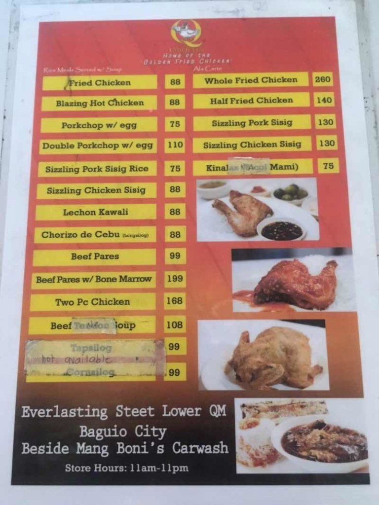 Local restaurant in Baguio menu