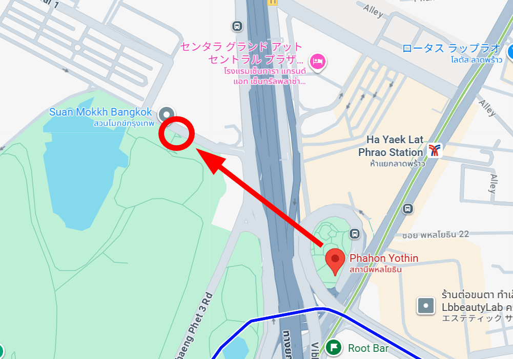 Phahon Yothin 駅からワチラベンチャタート公園へのルート